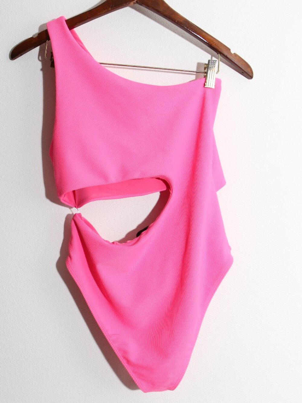 Beach Riot Celine One Piece Swimsuit Neon Pink Ribbed Cut Out Asymmetrical Large - Picture 14 of 16